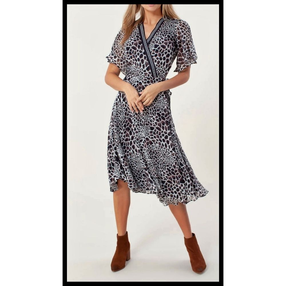 NWT Hale Bob Leigh Georgette Wrap Dress Lined Brown Taupe Animal Print Large NEW